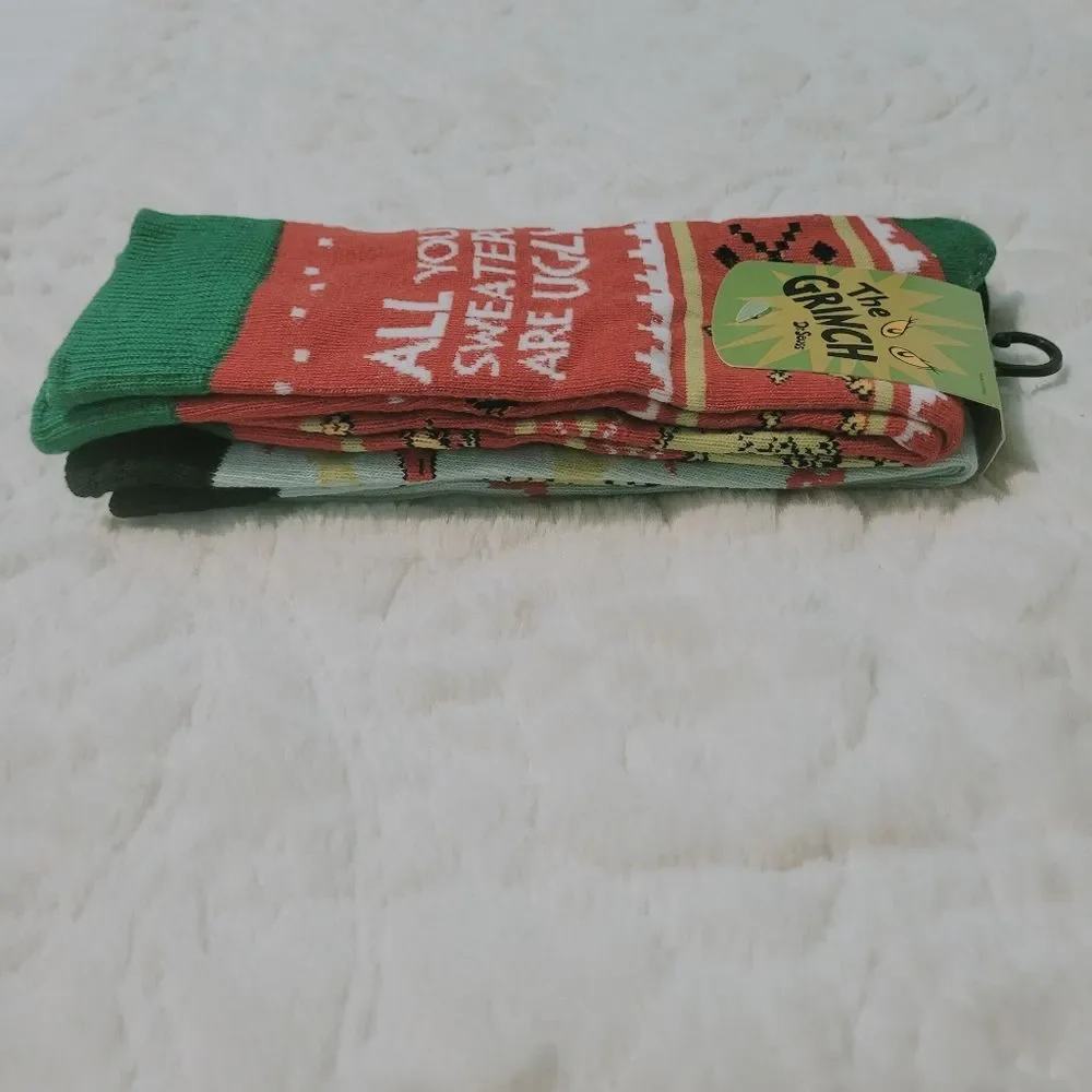 Bioworld Grinch Crew Socks 2 Pair Christmas Mens Sock Size 10-13 Shoes 8-12 New